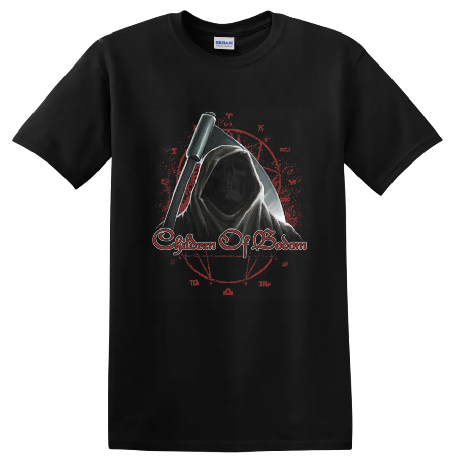 Children of Bodom hooded grim reaper with scythe and distressed gothic emblem on a Black T Shirt