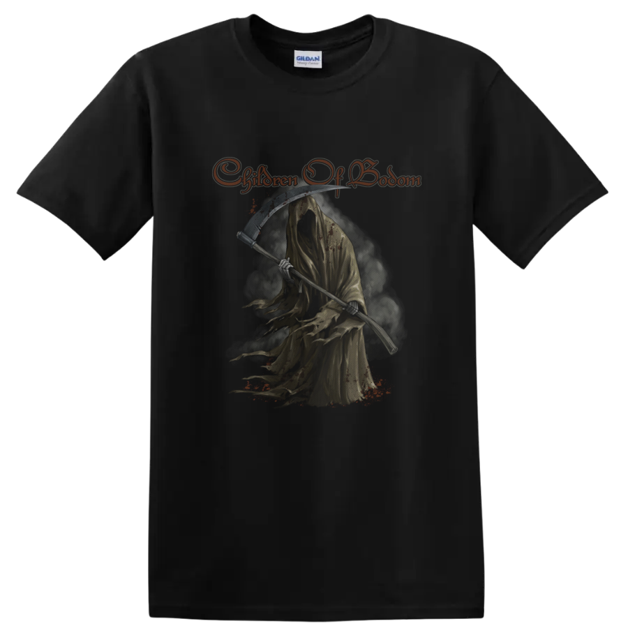 Children of Bodom Roy Grim Reaper with scythe and distressed orange script on a Black T Shirt