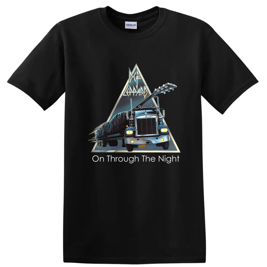 Def Leppard On Through the Night neon tour truck and guitar triangle graphic on a Black T Shirt