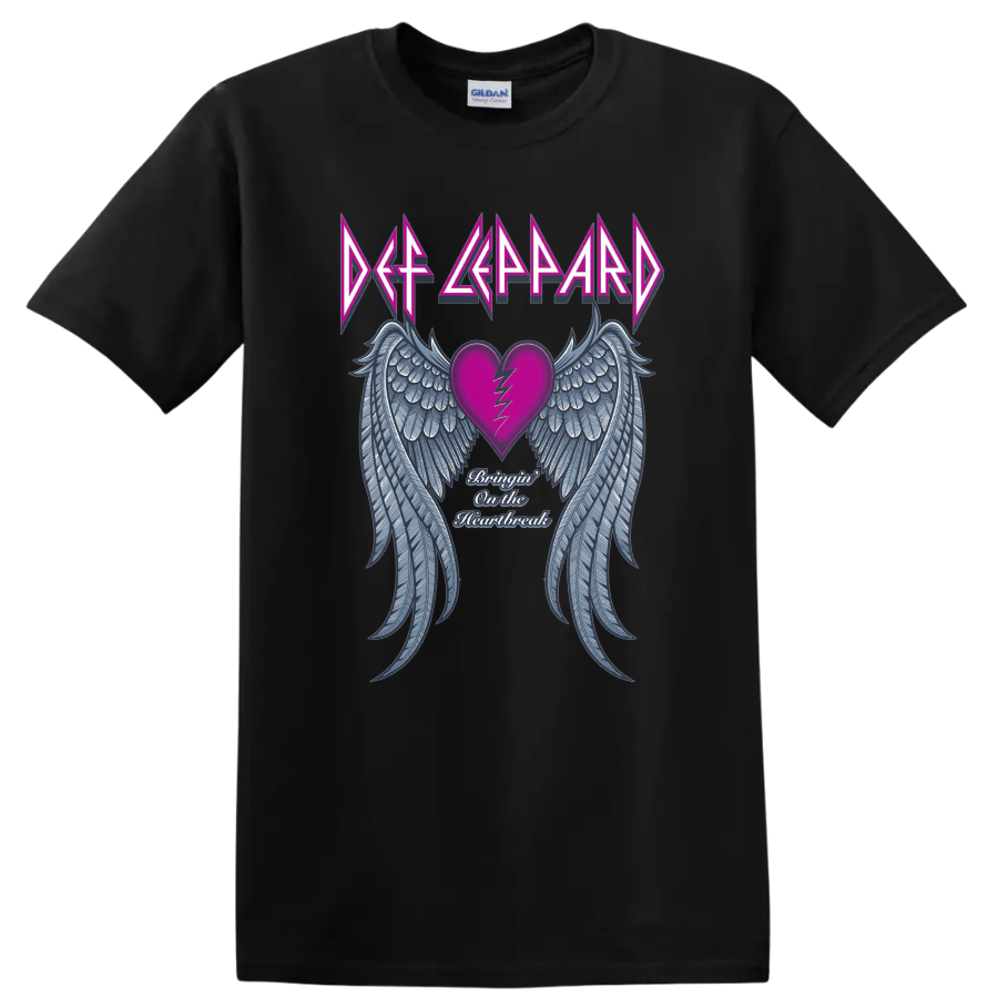 Def Leppard logo over cracked pink heart, blue angel wings, and Heartbreak script on a Black T Shirt