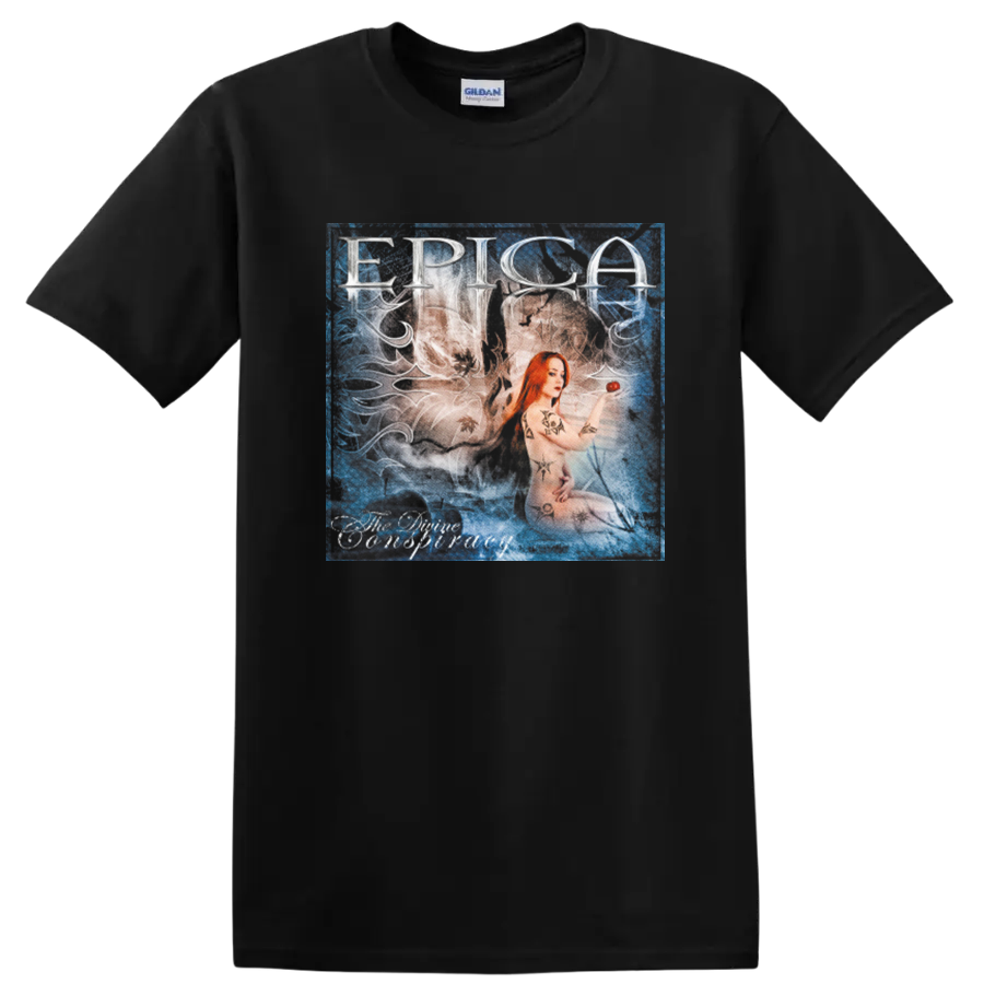Epica The Phantom Agony Simone Simons portrait in a distressed blue collage style on a Black T Shirt