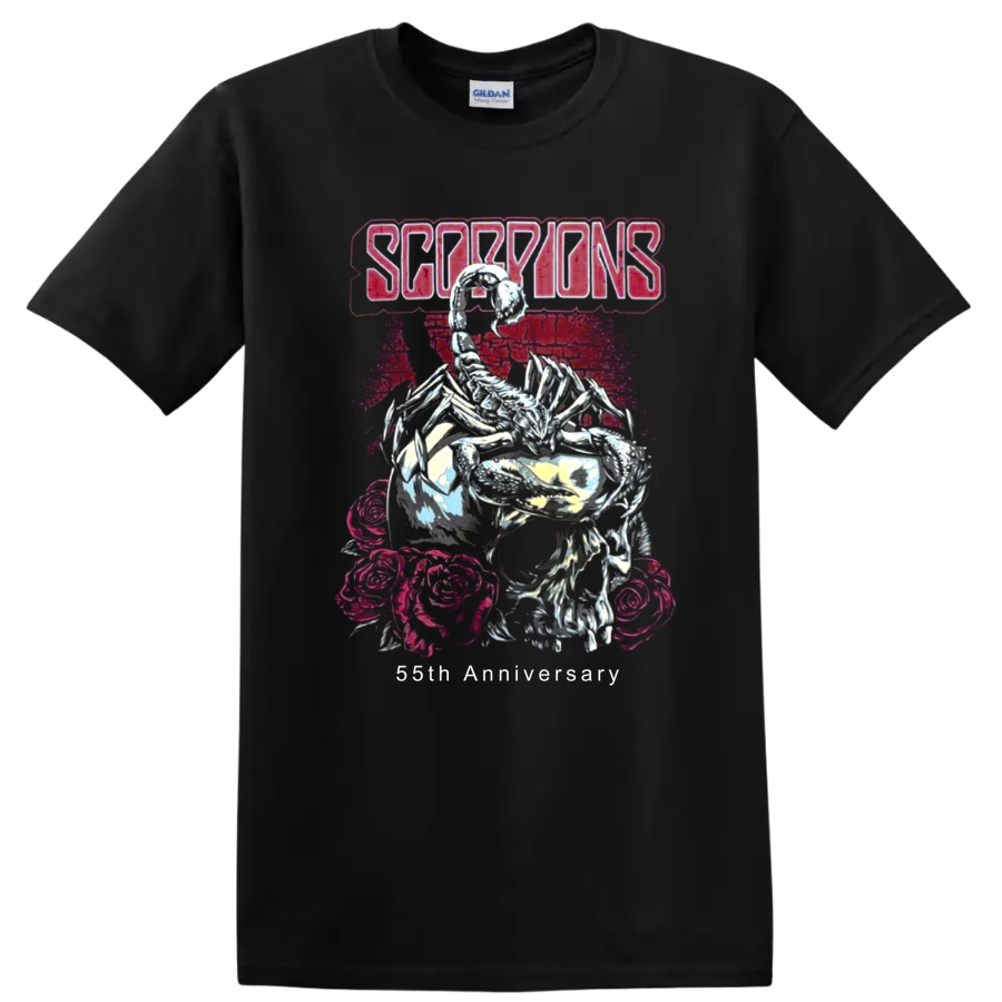 Scorpions logo above skeleton, roses, and neon pink distressed rock artwork on a Black T Shirt