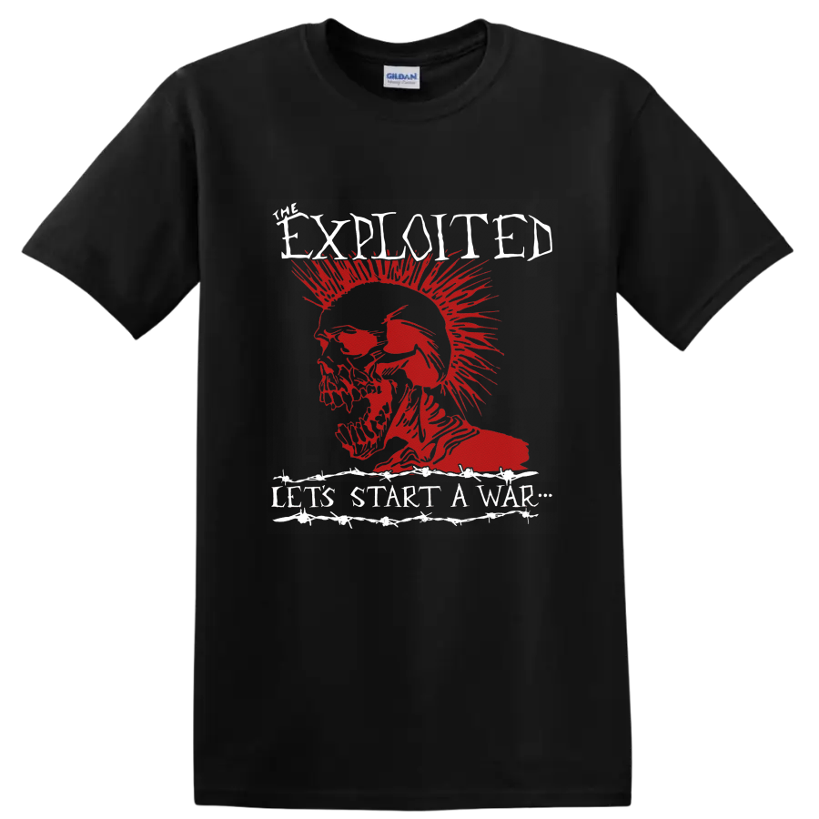The Exploited Let’s Start a War red mohawk skull punk graphic on a Black T Shirt