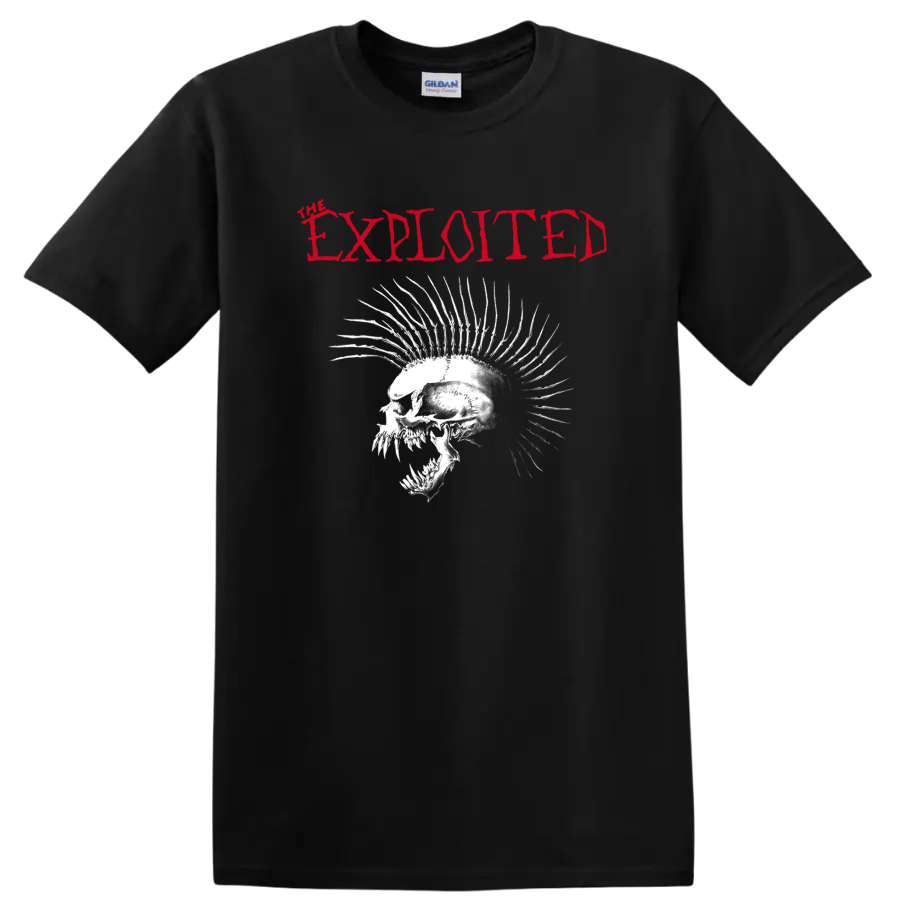 The Exploited distressed red logo above a white spiked skull punk graphic on a Black T Shirt