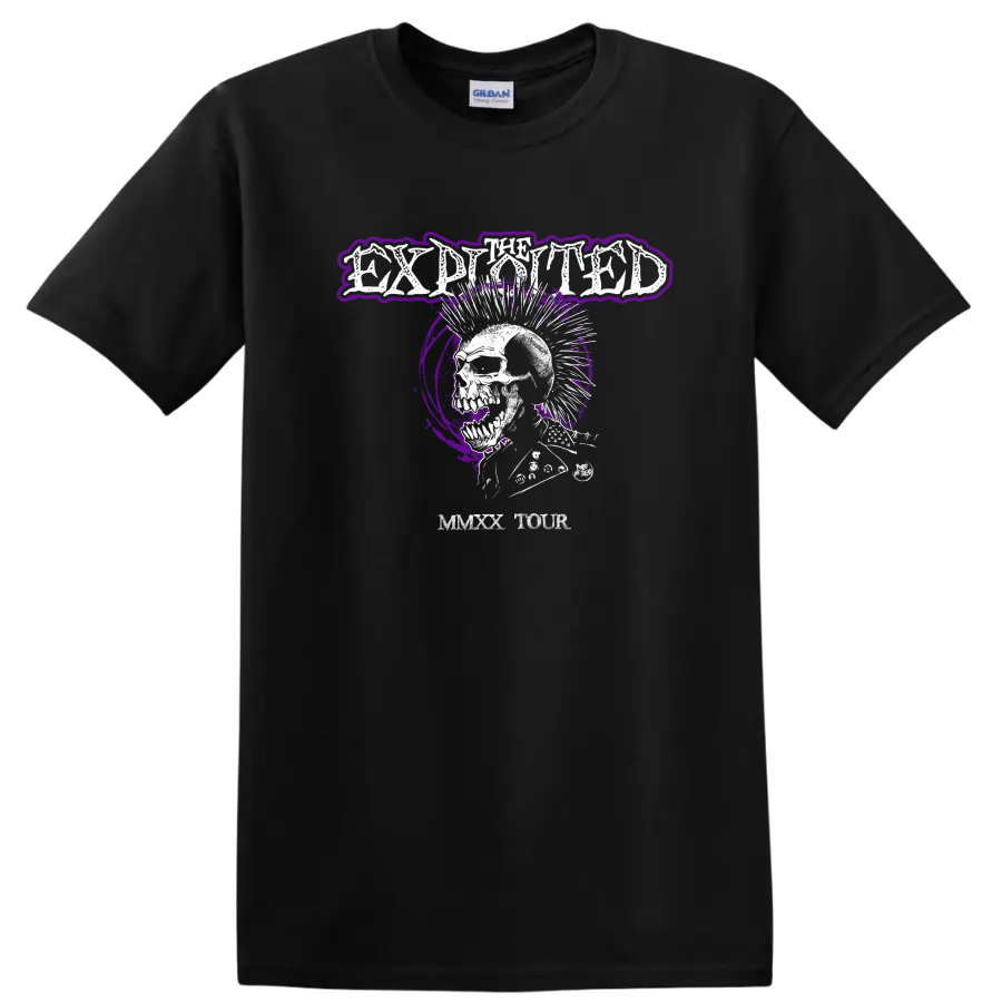 The Exploited distressed skull graphic with purple splatter punk rock artwork on a Black T Shirt