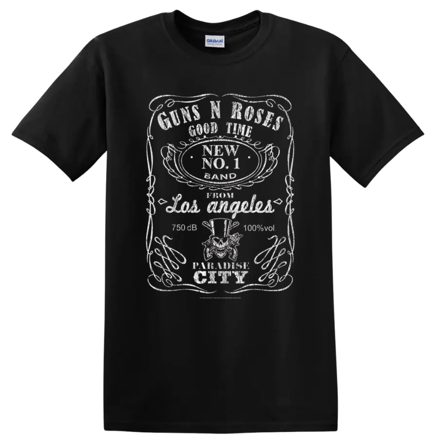 Guns N' Roses distressed rock band emblem graphic with red accents on a Black T Shirt