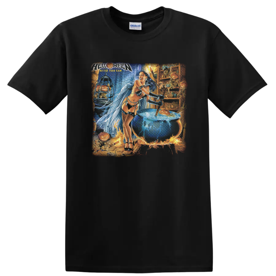 Helloween Better Than Raw fantasy woman, lightning, cauldron and pumpkin artwork on a Black T Shirt