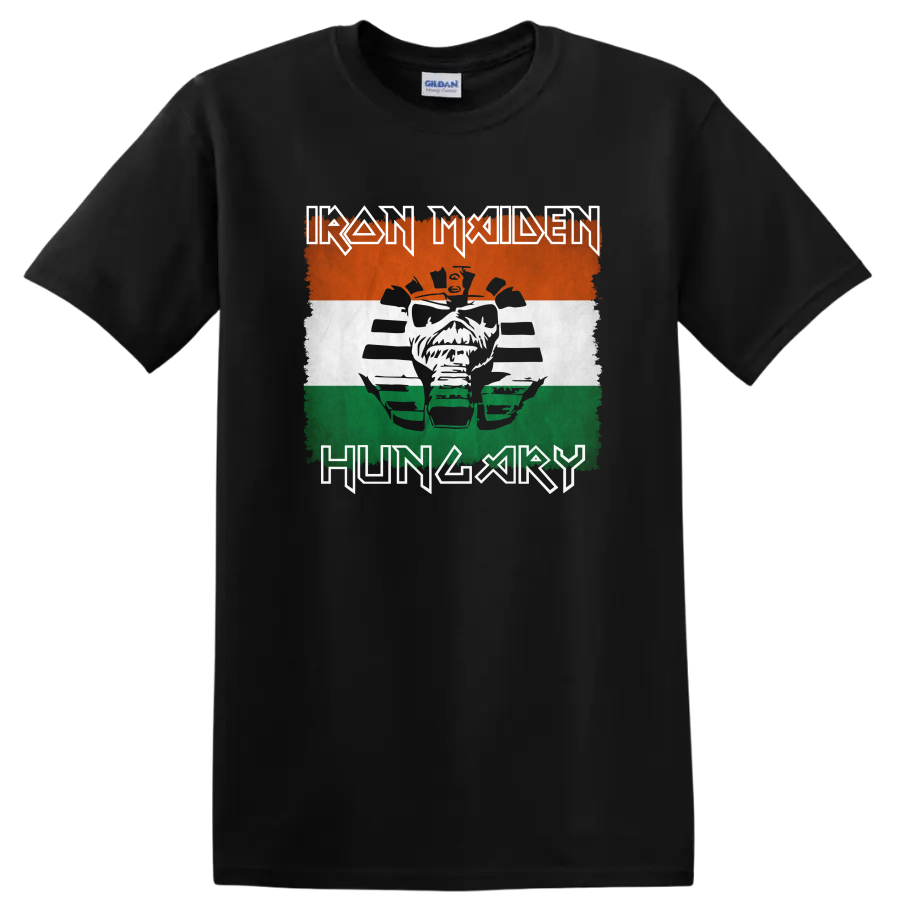 Iron Maiden Eddie face with distressed orange, white, and green tricolor logo art on a Black T Shirt