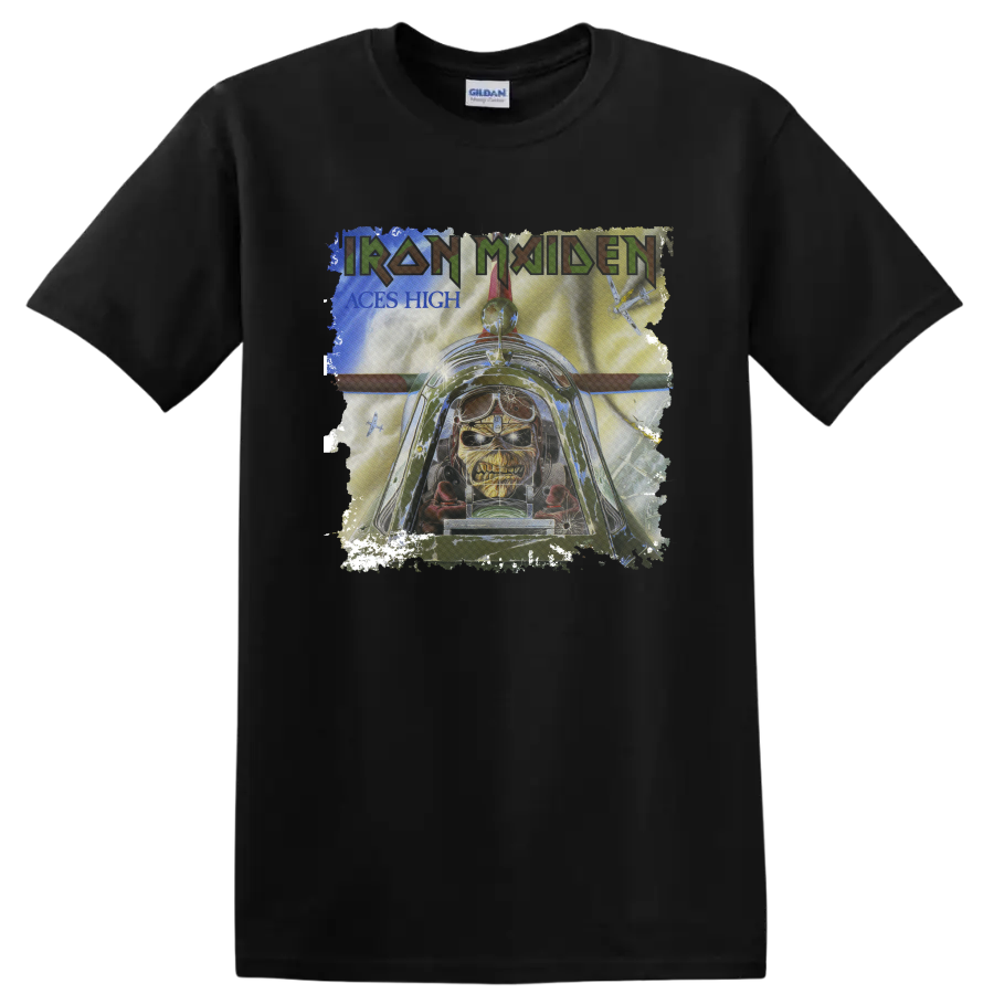 Iron Maiden Aces High Eddie distressed cockpit and fighter plane graphic on a Black T Shirt