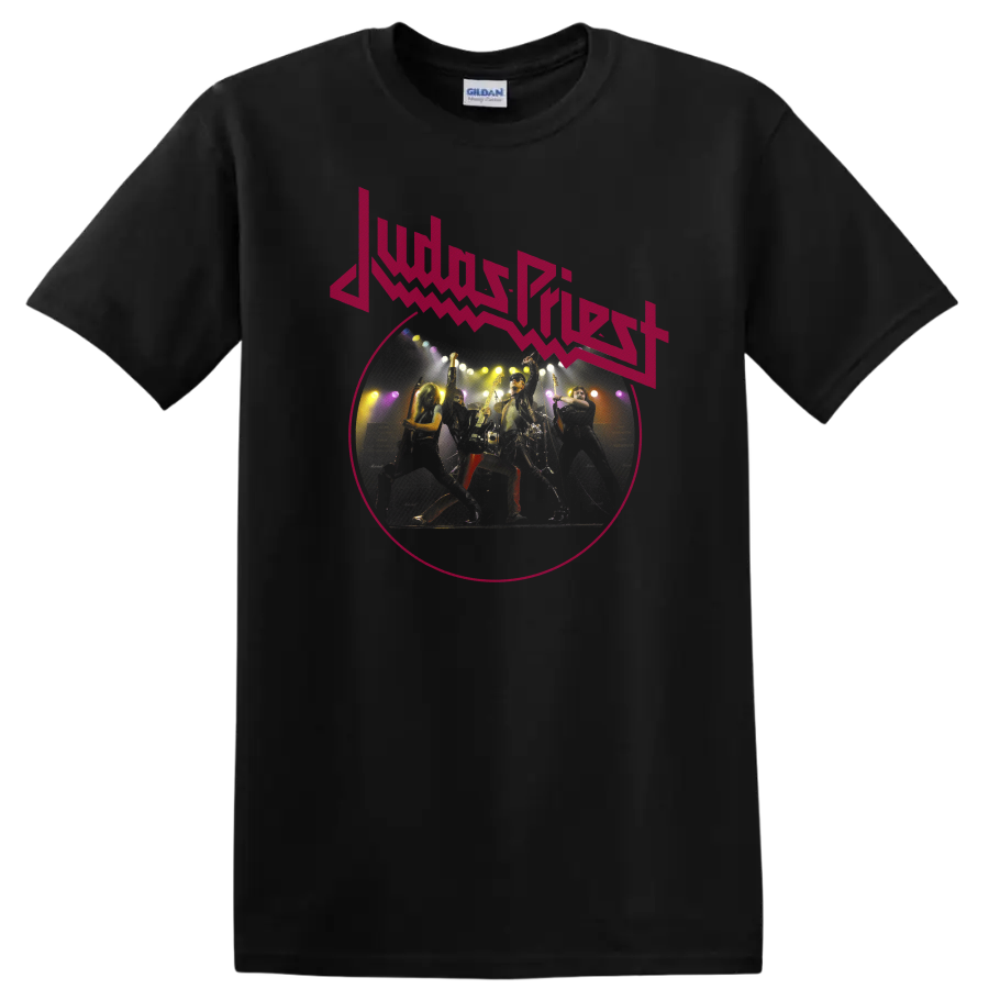 Judas Priest neon pink logo above vintage-style heavy metal concert performance artwork on a Black T Shirt