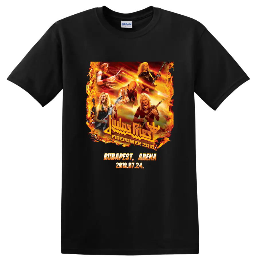 Judas Priest Firepower 2018 Budapest Arena concert collage with flames and guitars on a Black T Shirt