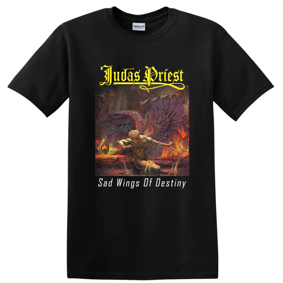 Judas Priest Sad Wings of Destiny flaming angel with wings and gothic lettering on a Black T Shirt
