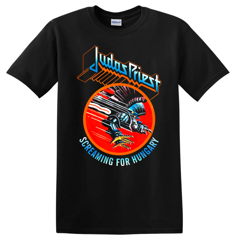 Judas Priest Screaming for Vengeance eagle graphic with red circle and angular logo on a Black T Shirt