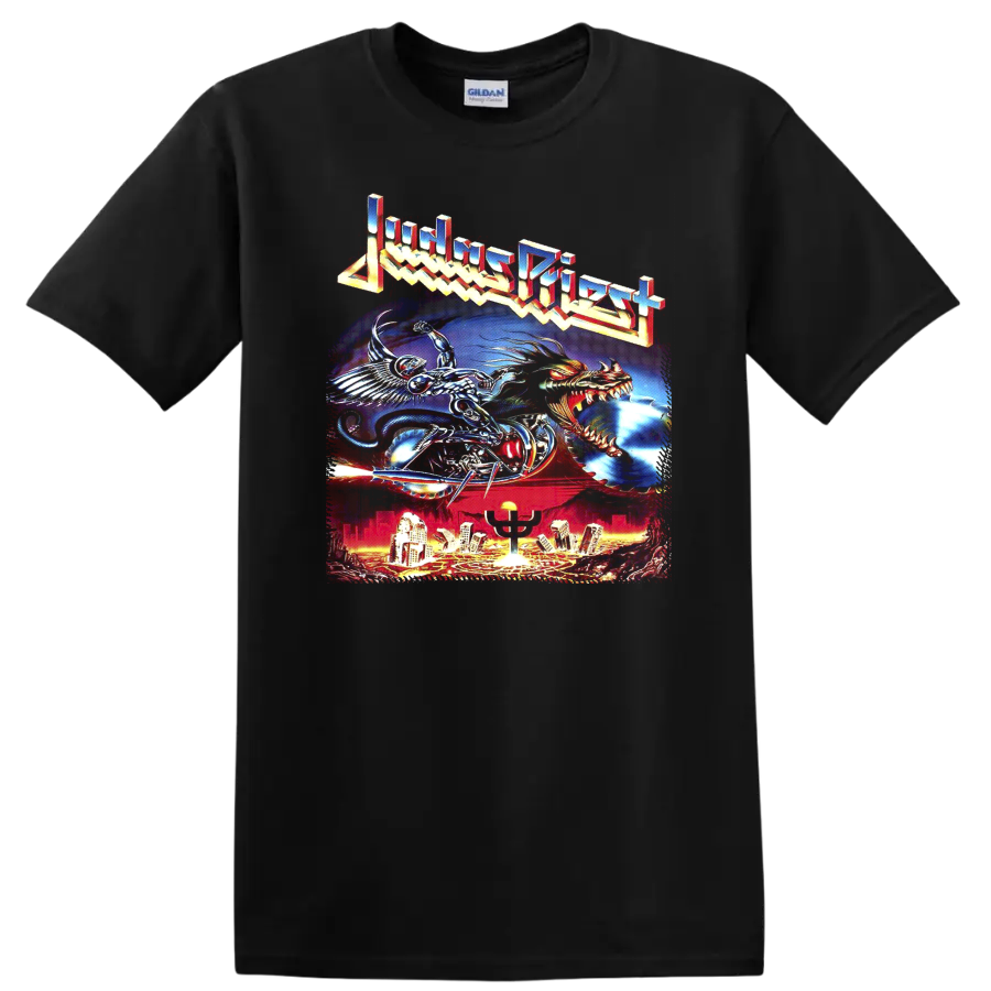 Judas Priest Painkiller fantasy metal artwork with chrome rider, dragon, and city skyline on a Black T Shirt