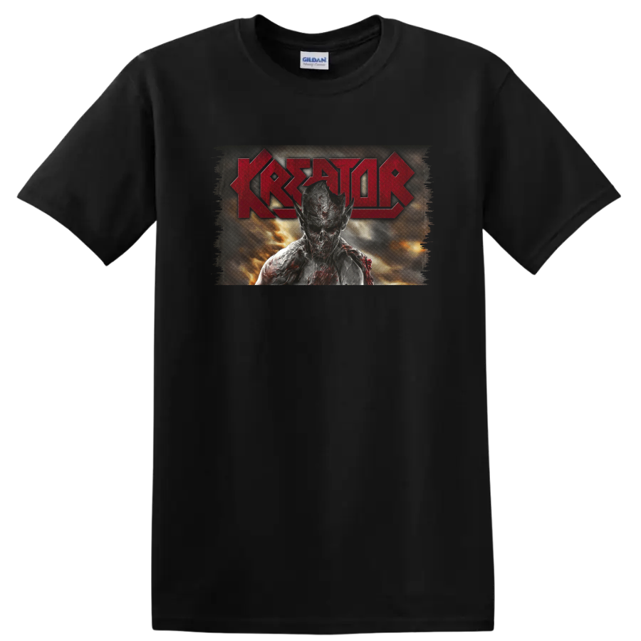Kreator red logo with fiery central figure in distressed thrash metal artwork on a Black T Shirt