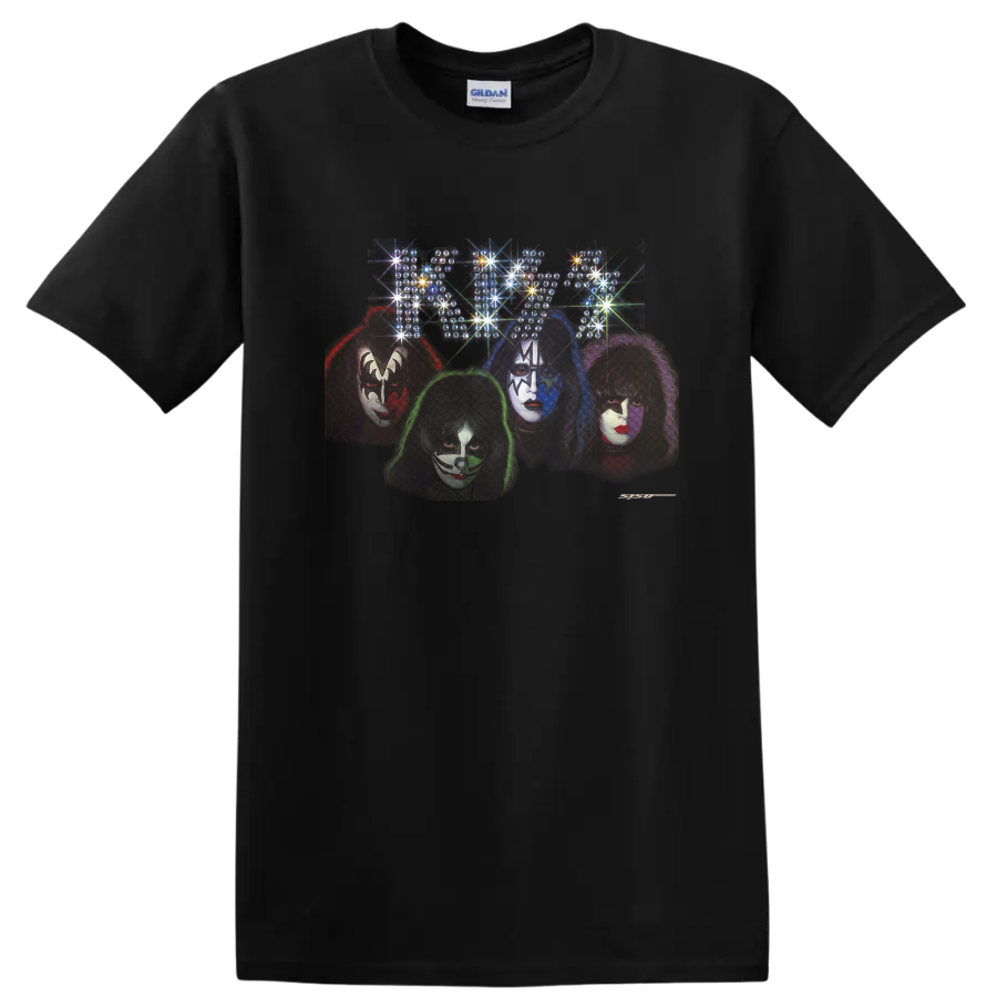 KISS Spun Out style four makeup portraits with psychedelic starburst artwork on a Black T Shirt