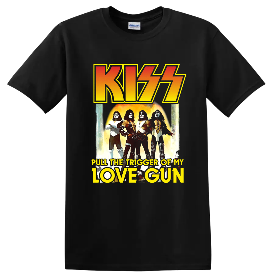 KISS Love Gun retro graphic with band lineup, fiery glow, and bold logo lettering on a Black T Shirt