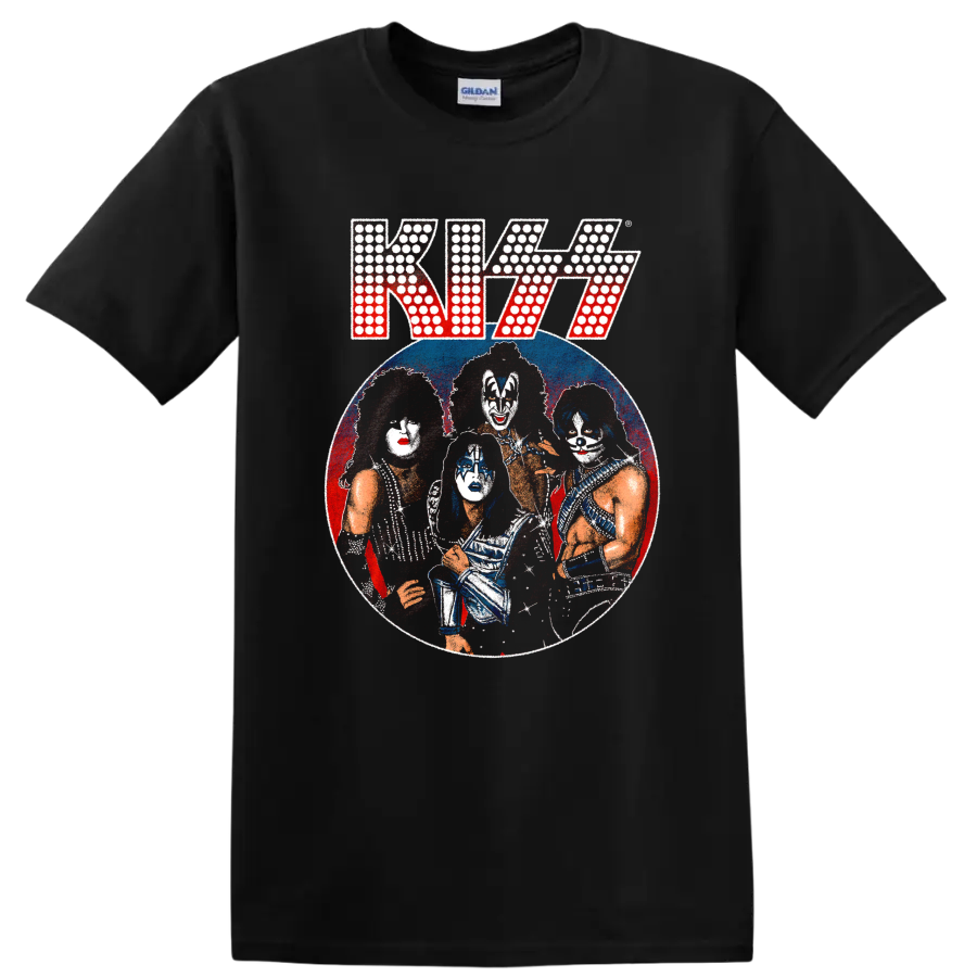 Distressed KISS band portrait with stage makeup in a red and blue circular graphic on a Black T Shirt