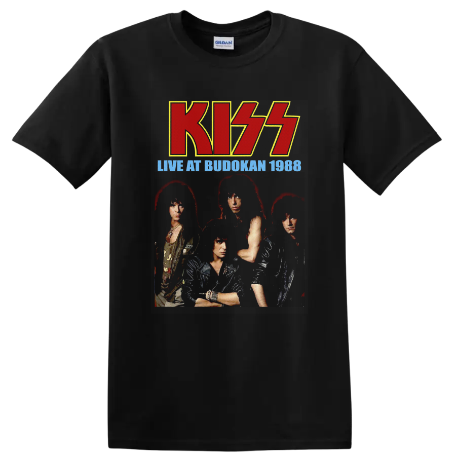 KISS Live at Budokan 1988 vintage concert portrait with red logo and blue text on a Black T Shirt