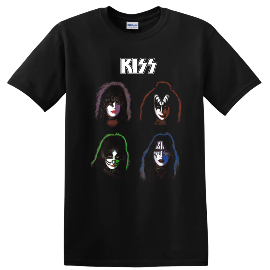 KISS Rock and Roll Over inspired four face-paint portraits in a vintage graphic on a Black T Shirt