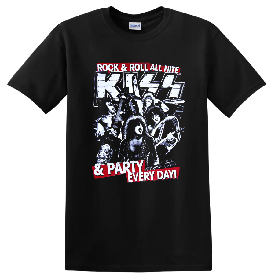 KISS Rock and Roll All Nite retro concert graphic with performers, guitars and drums on a Black T Shirt