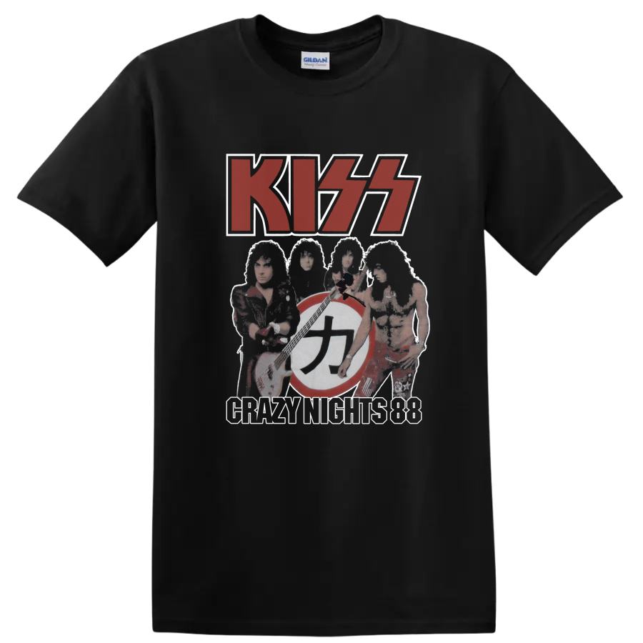 KISS Dressed to Kill red logo with faded band collage and circular emblem on a Black T Shirt