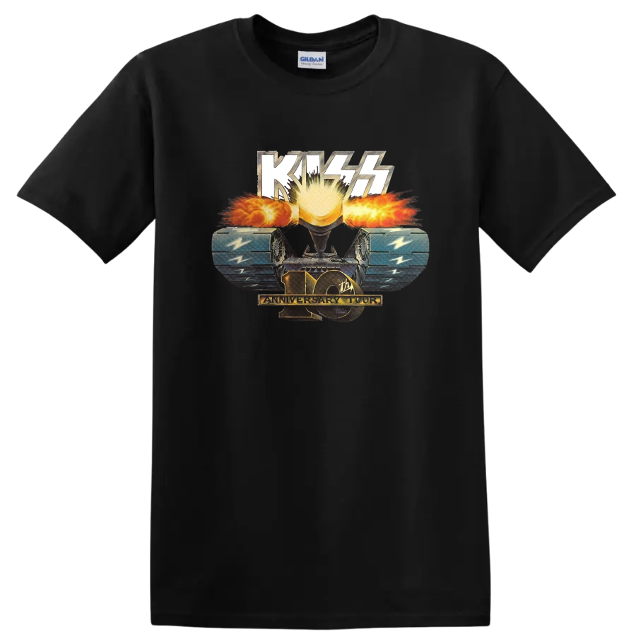 KISS 10th Anniversary Tour sunburst and blue wings retro concert graphic on a Black T Shirt