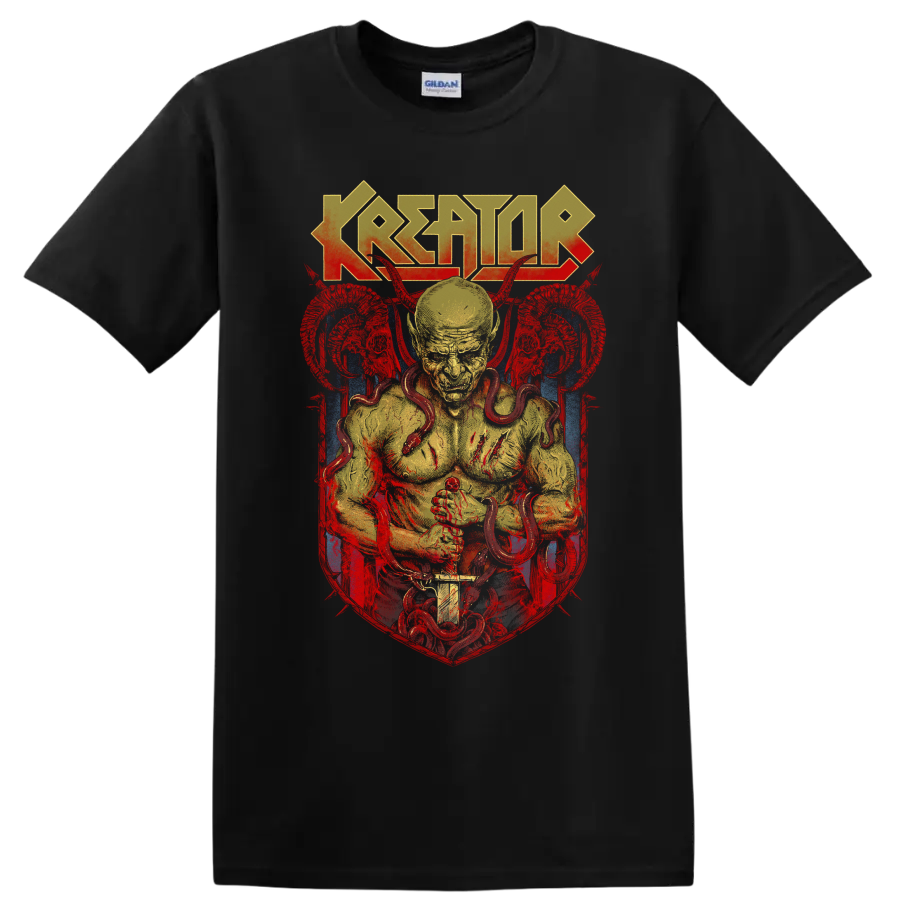 Kreator logo above a snake-wrapped figure in distressed red, yellow, and blue metal art on a Black T Shirt