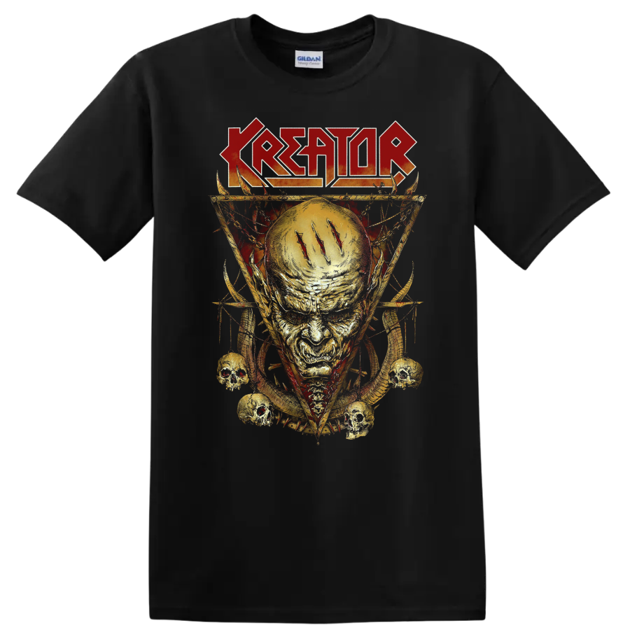 Kreator logo above a fiery skull with glowing halo, spikes, and small skulls on a Black T Shirt