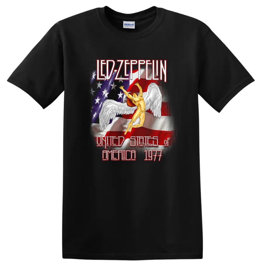 Led Zeppelin 1977 US tour Icarus figure with distressed American flag artwork on a Black T Shirt