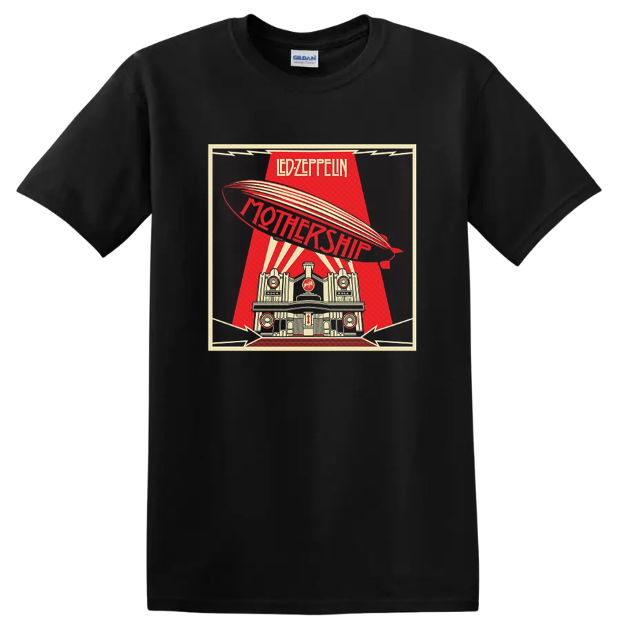 Led Zeppelin Mothership retro poster with airship, rays, and architectural scene on a Black T Shirt