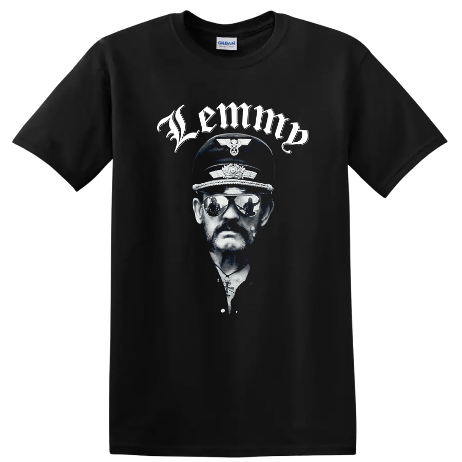 Motörhead Lemmy Kilmister blue and white portrait with cap and mirrored shades on a Black T Shirt