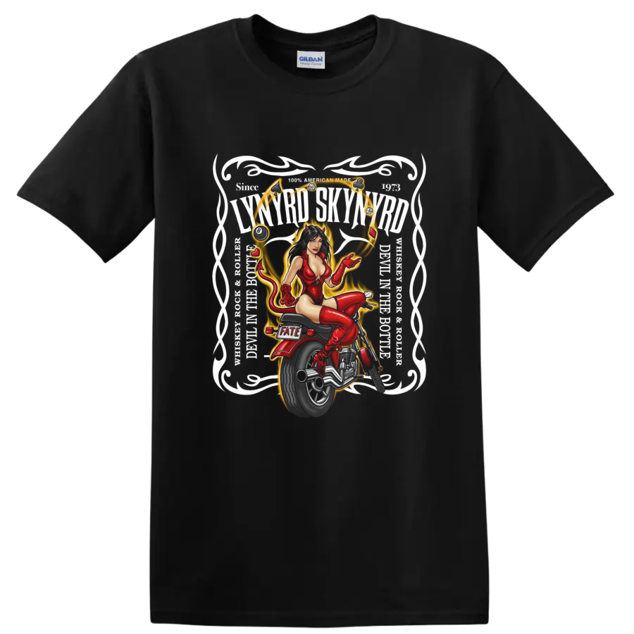 Red pinup femme in a gold ornamental frame with hearts and Fate lettering on a Black T Shirt