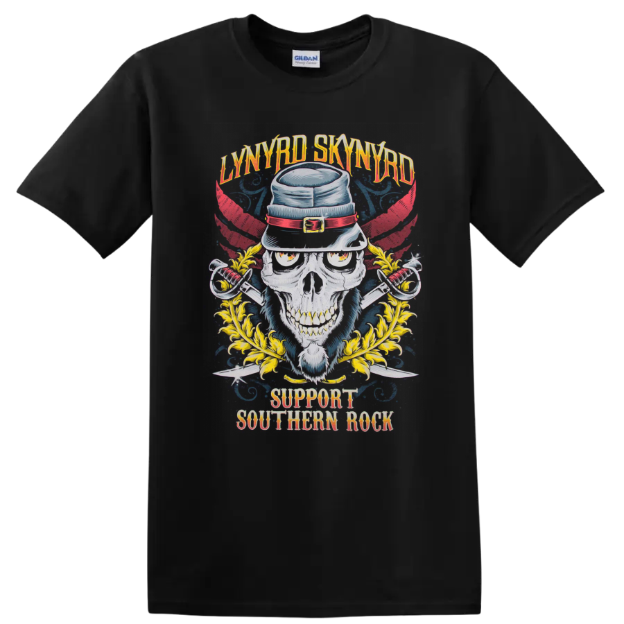 Lynyrd Skynyrd skull in hat with red wings, swords, and Support Southern Rock text on a Black T Shirt