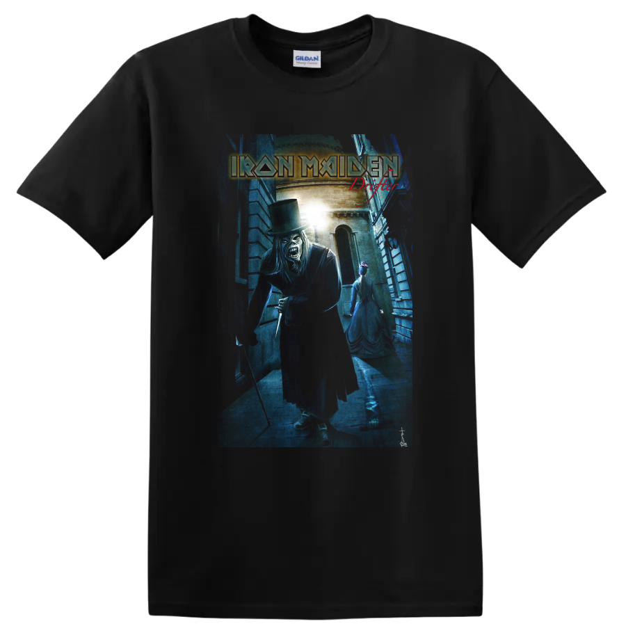 Iron Maiden Eddie Drifter artwork with blue alley scene and red Drifter lettering on a Black T Shirt