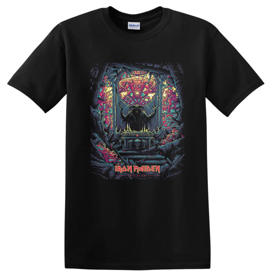 Iron Maiden Revelations Eddie artwork with horned figure, skulls, flames, and logo on a Black T Shirt