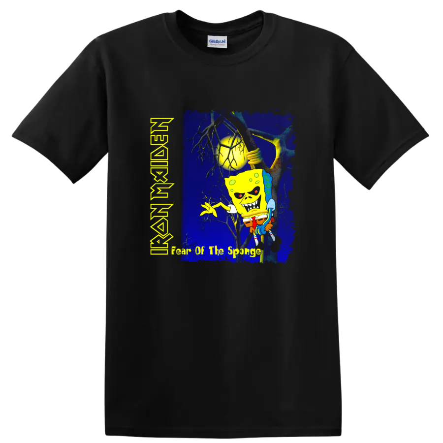 SpongeBob Fear of the Dark parody in a distressed Iron Maiden heavy metal art style on a Black T Shirt