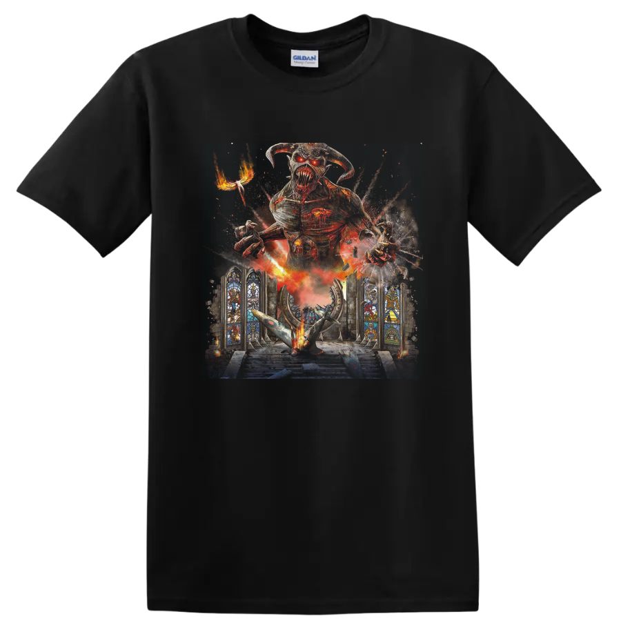 Iron Maiden Eddie above a gothic cathedral in blazing glitch-style heavy metal art on a Black T Shirt