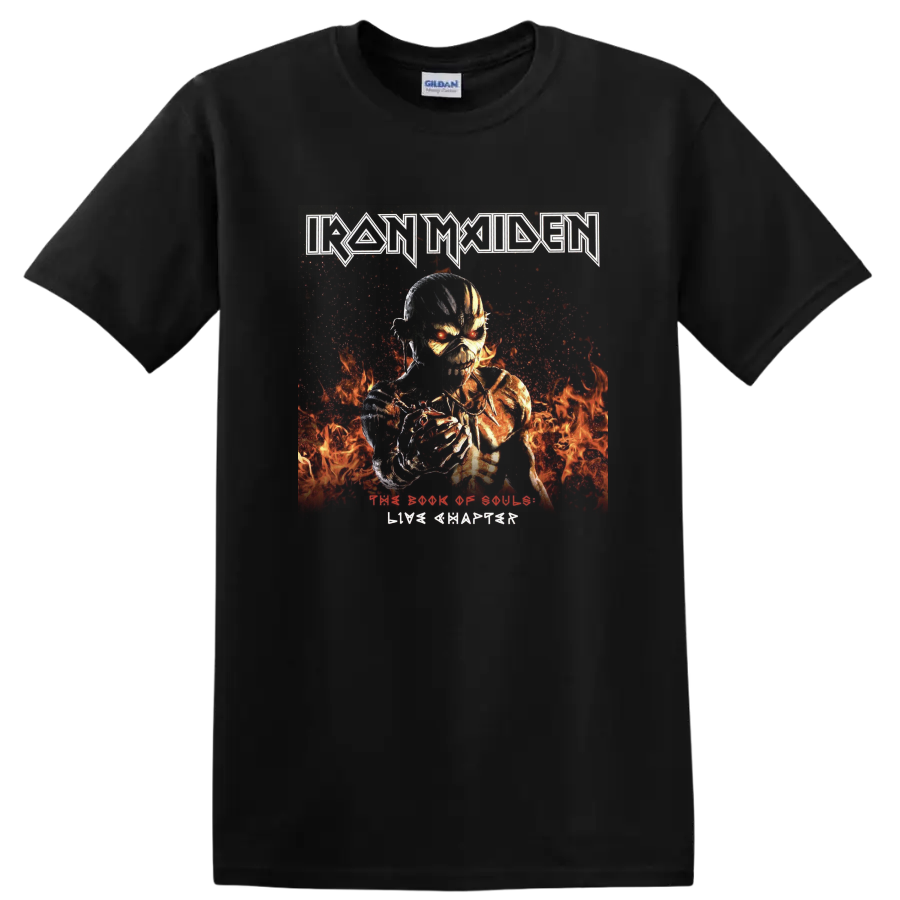Iron Maiden The Book of Souls Eddie skeletal warrior in fiery heavy metal artwork on a Black T Shirt