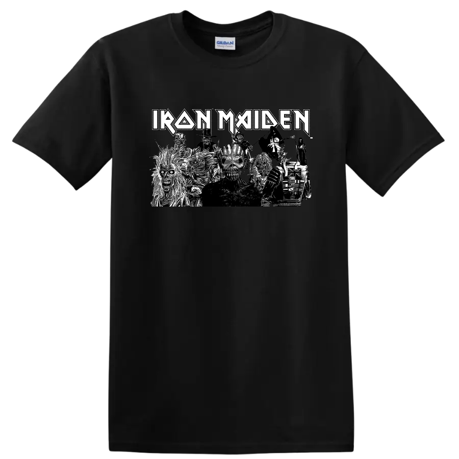 Iron Maiden logo above a black-and-white Eddie skeleton character collage on a Black T Shirt
