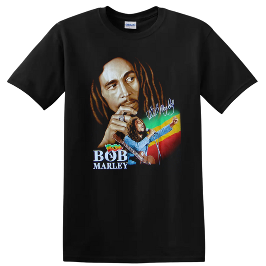 Bob Marley reggae portrait with guitar performance and red, yellow, green backdrop on a Black T Shirt