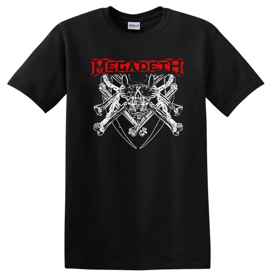 Distressed red Megadeth logo in a jagged heavy metal graphic style on a Black T Shirt
