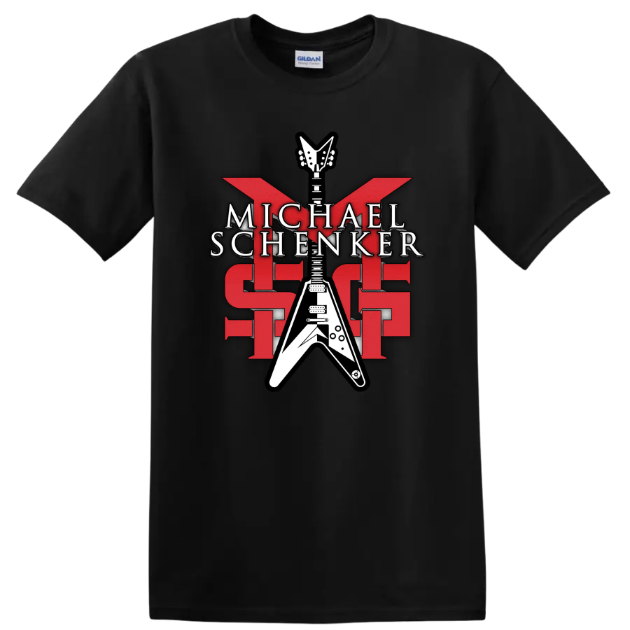 Michael Schenker MSG red and white Flying V guitar rock graphic on a Black T Shirt