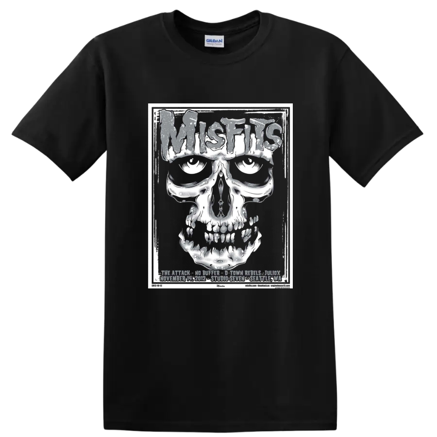 Misfits Fiend skull in distressed black-and-white horror punk poster style on a Black T Shirt