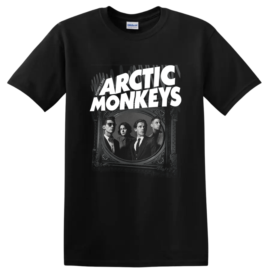 Arctic Monkeys band portrait in an ornate frame with bold distressed lettering on a Black T Shirt