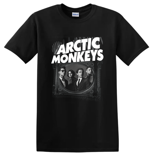 Arctic Monkeys band portrait in an ornate frame with bold distressed lettering on a Black T Shirt