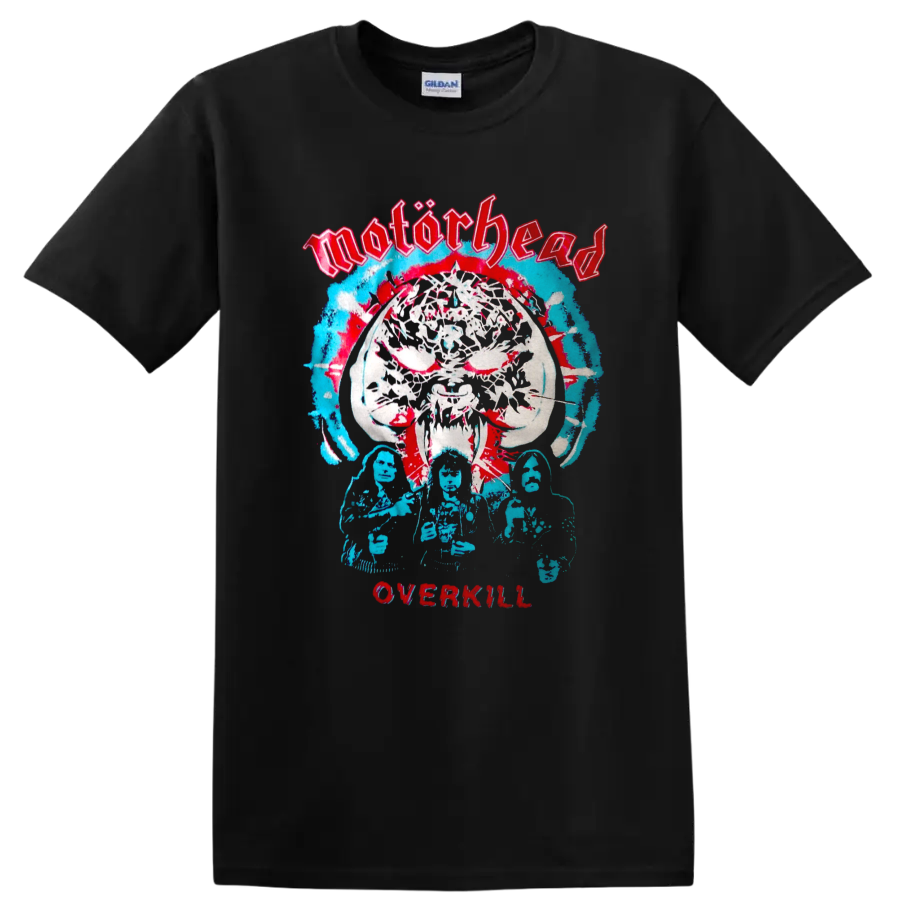 Motörhead Overkill Snaggletooth skull in distressed red and blue metal artwork on a Black T Shirt