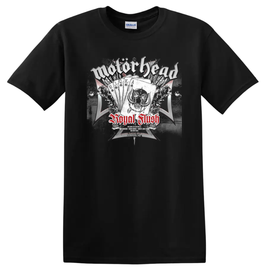 Motörhead Royal Flush skull and playing-card graphic with distressed red lettering on a Black T Shirt