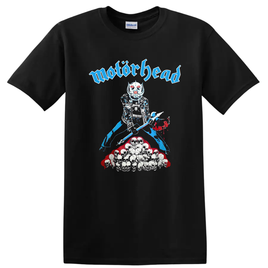 Motörhead Snaggletooth skull warrior graphic with Gothic lettering and skulls on a Black T Shirt