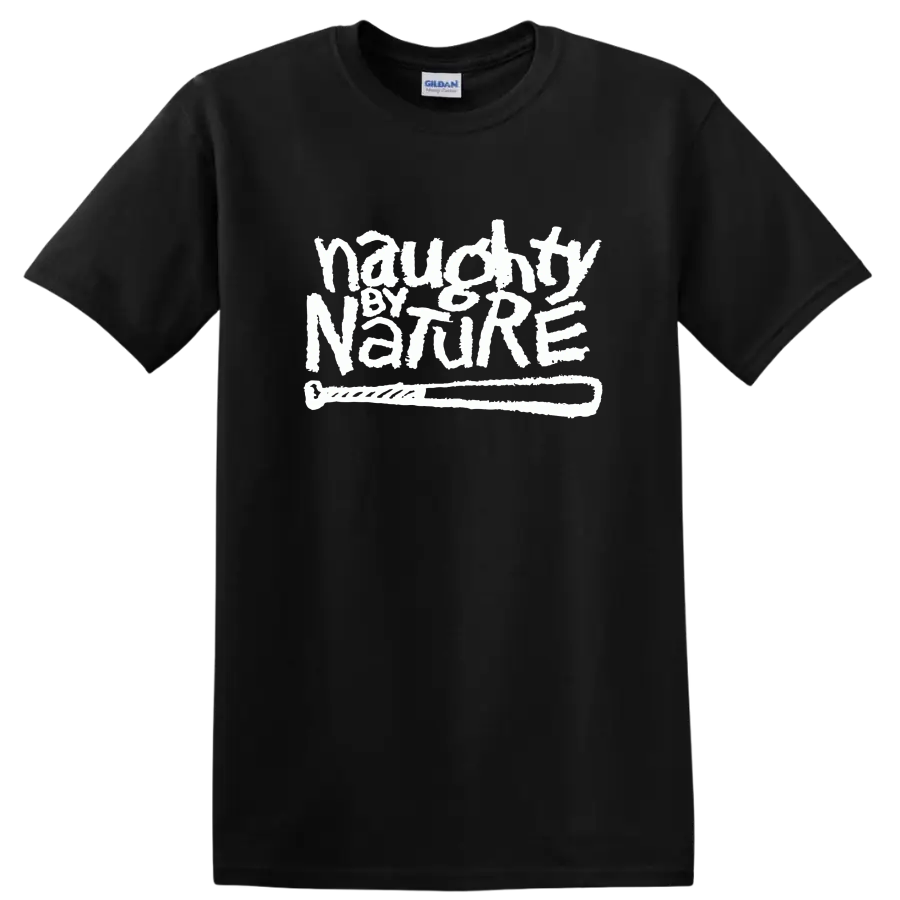Naughty by Nature logo in distressed white graffiti-style lettering on a Black T Shirt